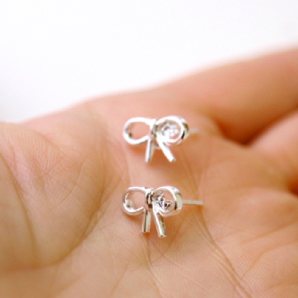 Tiny Bow Stud Earrings, Silver Plated, Fun Gift - image 1